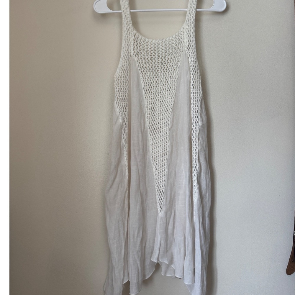 Y2K Boho Crochet Sheer Tunic Dress Ivory White Handkerchief Hem Festival Beach S